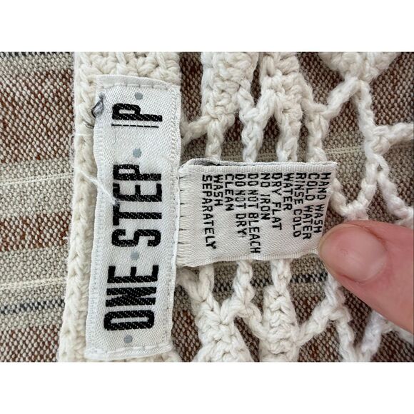 Vintage 90s Y2K One Step Up Ivory Open Knit Crochet Long Sleeve Crop Top OSFM - Picture 6 of 7